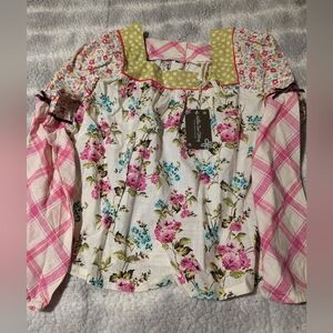 Matilda Jane Floral Patchwork Blouse with Pink and Green Accents Size 12 Nwt